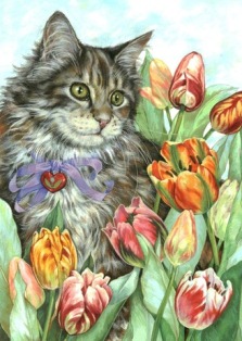Котик з тюльпанами схема для вишивання